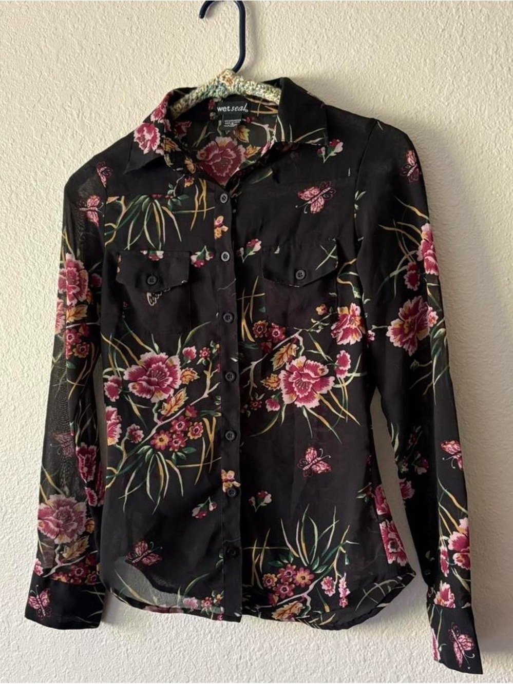 Wet Seal Black Floral Button-Down Blouse with Pink Flowers